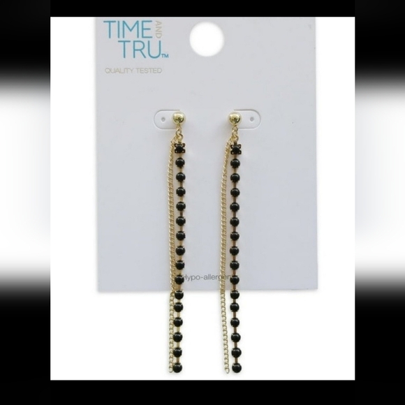 Time and Tru Women's Black Soot Linear Stone with Chain Earrings - Picture 1 of 3
